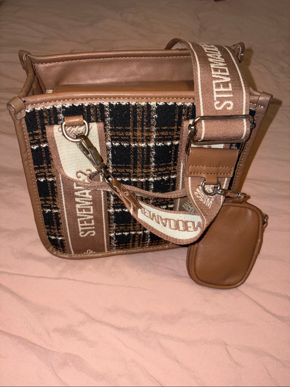 Steve Madden Brown Plaid Small Tote Handbag
